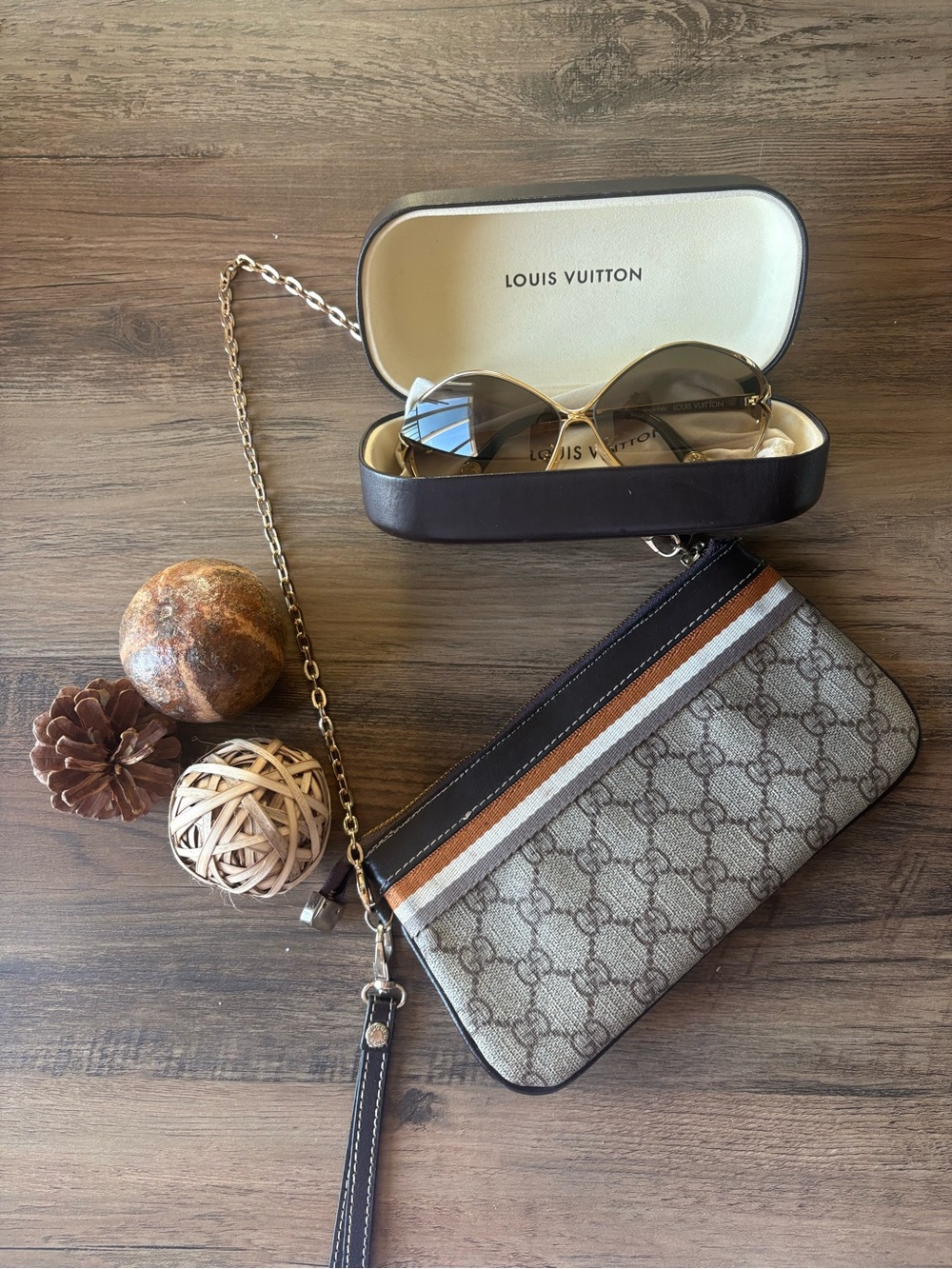 Gucci Beige Monogram Crossbody Wristlet with Brown and White Stripe